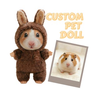 Pu&ograve; includere: Una bambola personalizzata per animali domestici in costume da coniglietto marrone. La bambola ha la faccia di un criceto e indossa un abito marrone e soffice con orecchie da coniglio. Una foto di un criceto &egrave; in una cornice. Il testo recita "CUSTOM PET DOLL."