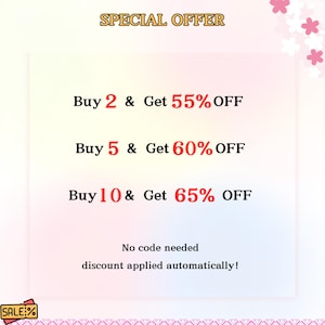 Pu&ograve; includere: Un grafico promozionale con uno sfondo sfumato, che mostra il testo "SPECIAL OFFER". Dettaglia gli sconti: Acquista 2 e ottieni il 55% di sconto, Acquista 5 e ottieni il 60% di sconto e Acquista 10 e ottieni il 65% di sconto. &Egrave; incluso anche il testo "Nessun codice necessario, sconto applicato automaticamente!"