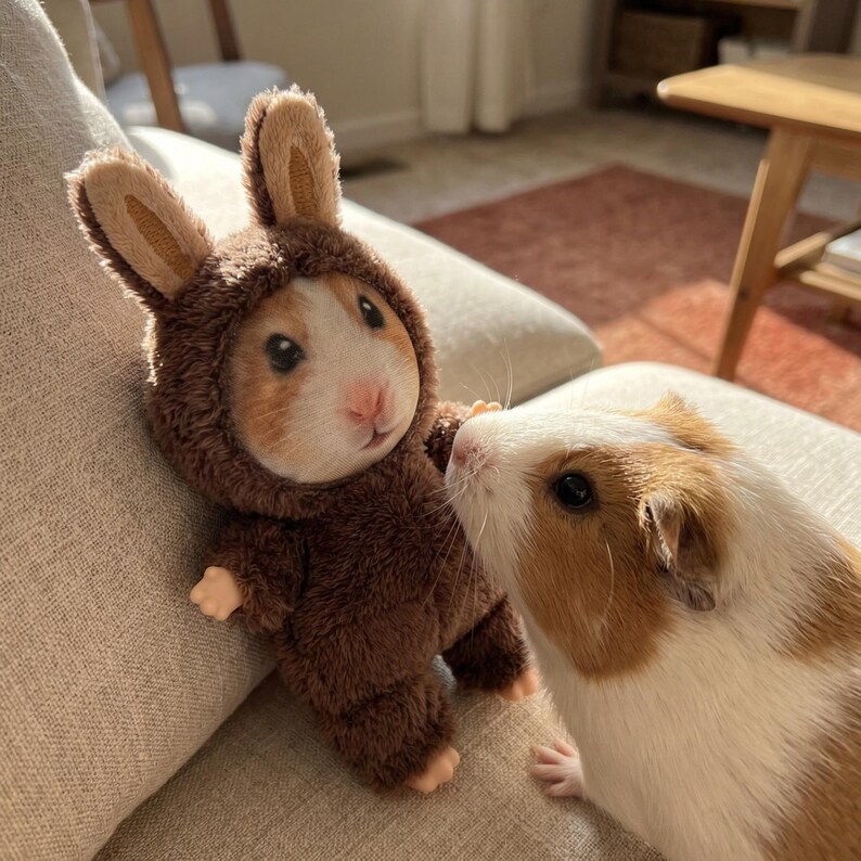 Pu&ograve; includere: Un porcellino d'India con un costume da coniglio marrone con grandi orecchie, accanto a un altro porcellino d'India con segni marroni e bianchi. Gli animali sono su un divano beige, con la luce del sole.