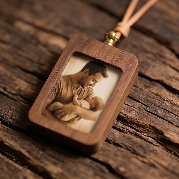 Personalized Wood Car Charm Photo Ornament | Custom Rearview Mirror Picture Frame | Gift for Husband Boyfriend, Fathers Day Gift from Kids