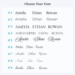 May include: A white background displays nine font options. Each option shows the names Amelia, Ethan, and Rowan in different styles. The text "Choose Your Font" is at the top. The fonts range from simple to elegant.