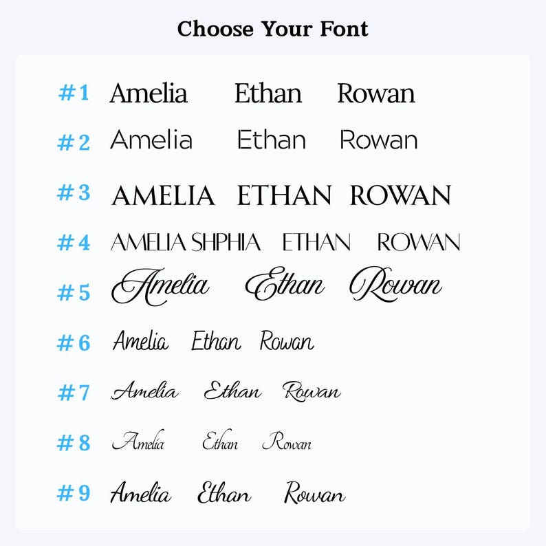 May include: A white background displays nine font options. Each option shows the names Amelia, Ethan, and Rowan in different styles. The text "Choose Your Font" is at the top. The fonts range from simple to elegant.