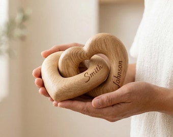 Personalized  Wooden Hearts | 1st 5th 10th Wedding Anniversary Gift | Custom Names & Date Wood Keepsake for Couples