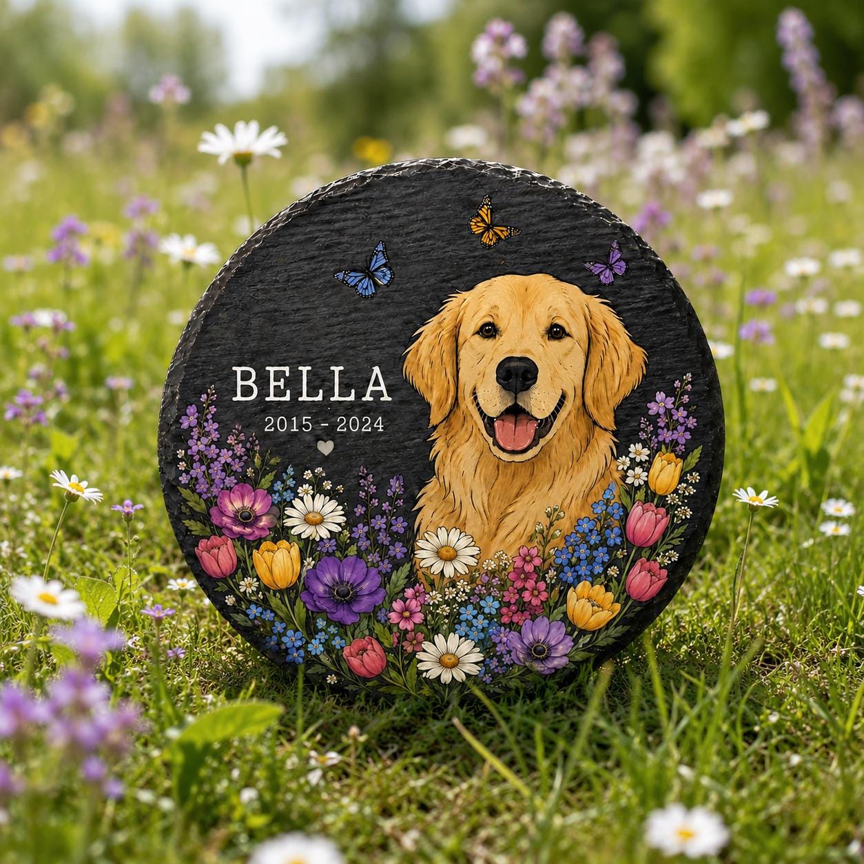Personalized Pet Memorial Stone, Custom Pet Portrait Garden Stone, Dog Cat Memorial Gift, Pet Loss Sympathy Gift, Wildflower Grave Marker