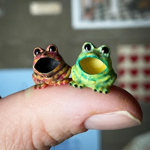 Peut inclure: Deux figurines miniatures de grenouilles, l'une rayée rouge et jaune, l'autre verte et jaune, sont côte à côte. Les grenouilles ont la bouche ouverte et sont perchées sur un doigt. L'image comprend le texte "digital file".