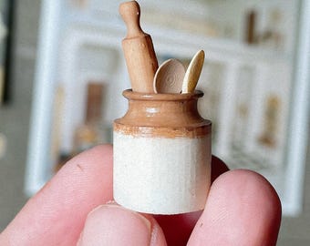 STL file dollhouse crock with spoons and rolling pin, farmhouse kitchen, 3d resin print