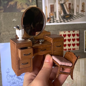 SVG file dollhouse waterfall vanity with opening drawers & stool, 1:12 scale, laser cut file
