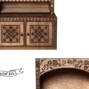 laser cut dollhouse bookshelf with intricate engravings and scalloped shelves