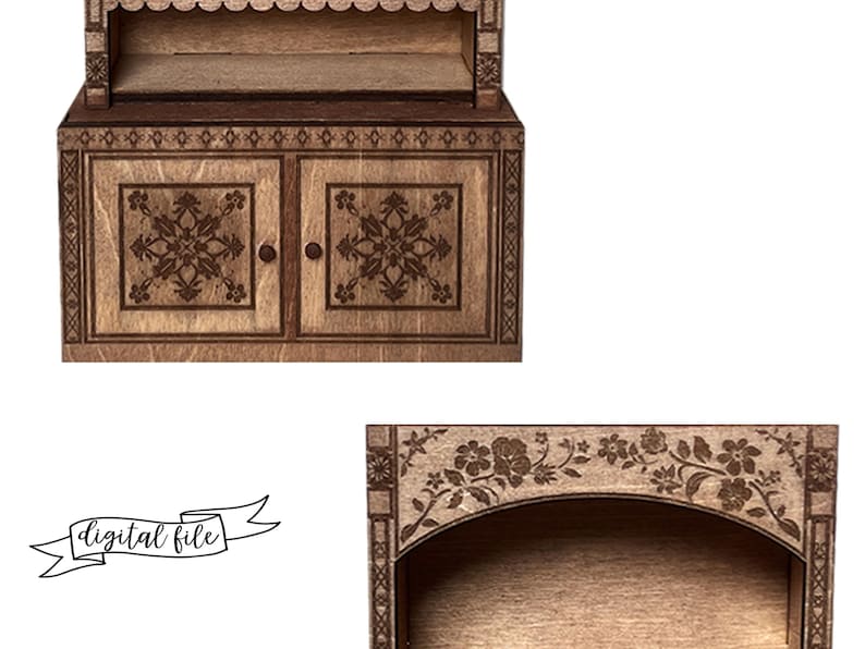 laser cut dollhouse bookshelf with intricate engravings and scalloped shelves
