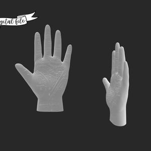 May include: Two white, detailed hand sculptures are displayed against a dark background. The left hand is open, palm up, and the right hand is in a raised position. The text "digital file" is on a banner in the upper left corner.