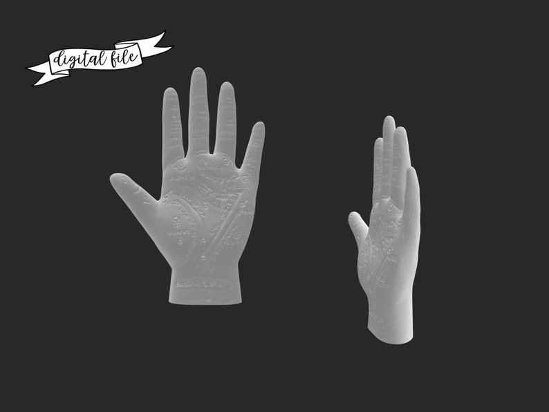 May include: Two white, detailed hand sculptures are displayed against a dark background. The left hand is open, palm up, and the right hand is in a raised position. The text "digital file" is on a banner in the upper left corner.