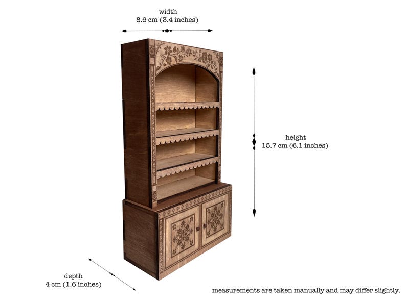 laser cut dollhouse bookshelf with intricate engravings and scalloped shelves