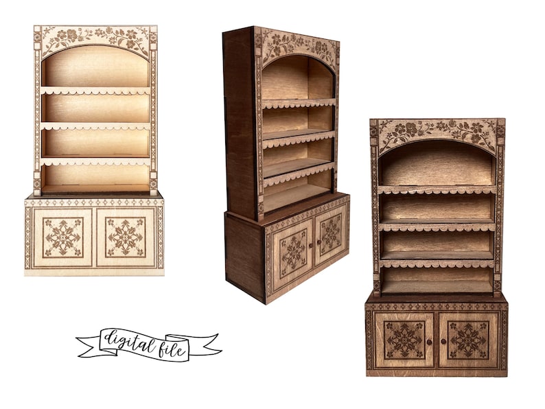 laser cut dollhouse bookshelf with intricate engravings and scalloped shelves