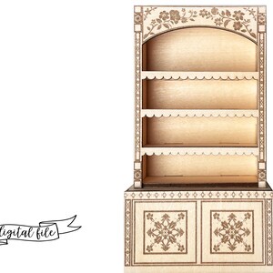 laser cut dollhouse bookshelf with intricate engravings and scalloped shelves