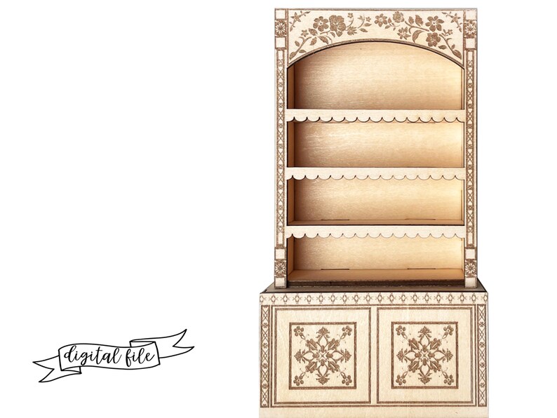 laser cut dollhouse bookshelf with intricate engravings and scalloped shelves