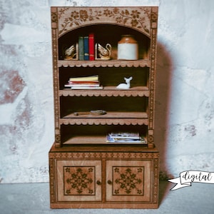 laser cut dollhouse bookshelf with intricate engravings and scalloped shelves