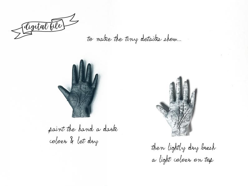 May include: A digital file with instructions for painting a hand. The image shows two hand sculptures, one dark and one light, with text that reads "paint the hand a dark color & let dry" and "then lightly dry brush a light color on top."
