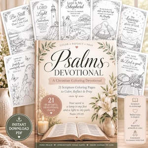 Puede incluir: Un libro de colorear cristiano Psalms Devotional con 21 páginas de escrituras. La portada muestra una Biblia abierta, una vela encendida y lirios blancos. Alrededor del libro hay varias páginas para colorear en blanco y negro con versículos.
