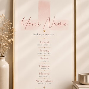 Puede incluir: Un cuadro vertical enmarcado con un fondo de cruz en acuarela rosa pálido con el texto Your Name, God says you are, y una lista de afirmaciones bíblicas que incluyen Loved, Strong, Brave, Chosen, Blessed y Never Alone.