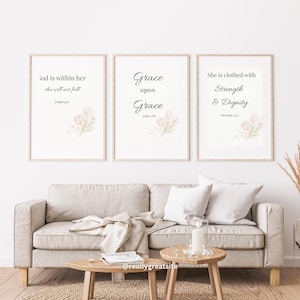 Grace Upon Grace Christian Wall Art Set of3 Printable,Neutral Bible Verse Decor for Women,Feminine Scripture Prints, Proverbs31.25 Psalm46.5