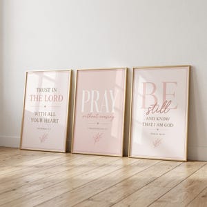 Pink Christian Wall Art | Feminine Bible Verse Prints | Coquette Christian Decor | Be Still Pray Trust in the Lord Set of 3