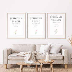 Names of God Wall Art Set of 3 | Jehovah Jireh Rapha Shalom | Christian Wall Decor | Bible Verse Printable | Christian Gift | Scripture Art