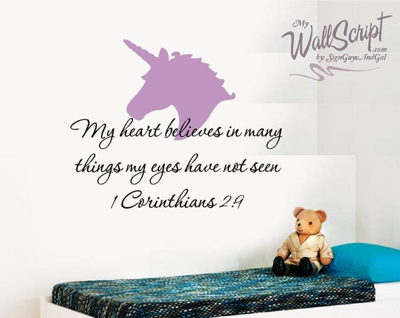 Unicorn wall decal, Purple Girl Nursery Wall Decal, 1 Corinthians 2:9 Girls Room Wall Decal