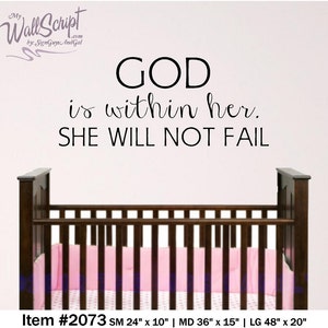 God is With Her she will not fail, Wall Decal, Nursery Decor, Dorm Room Wall Decal, Young Woman Wall Graphic, Vinyl Decal for girl image 1
