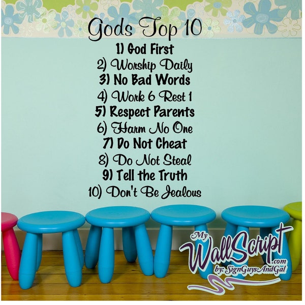 Wall decal for child room, sunday school room decal, Gods Top 10, Ten Commandments for Kids