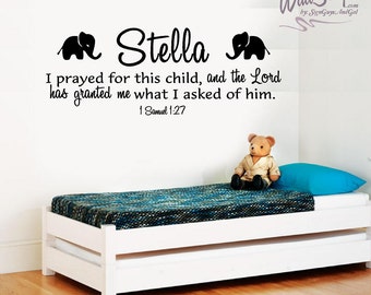 Nursery Bible Verse Wall Art, 1 Samuel 1:27, Elephants