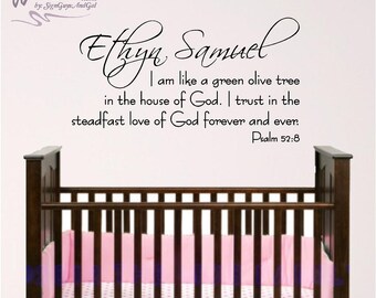 Personalized Child's Name wall decal, Bible Verse Wall Art, Psalm 52:8 Olive Tree