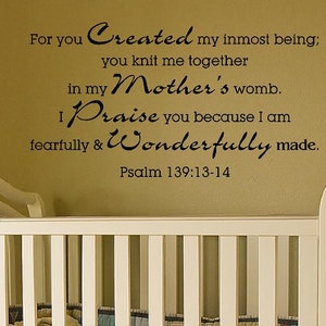 Nursery Bible Verse Wall Decal, Psalm 139:13-14, Baby or Child Room Wall Graphic, Sunday School Wall Art image 2
