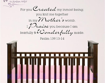 Nursery Bible Verse Wall Decal, Psalm 139:13-14, Baby or Child Room Wall Graphic, Sunday School Wall Art