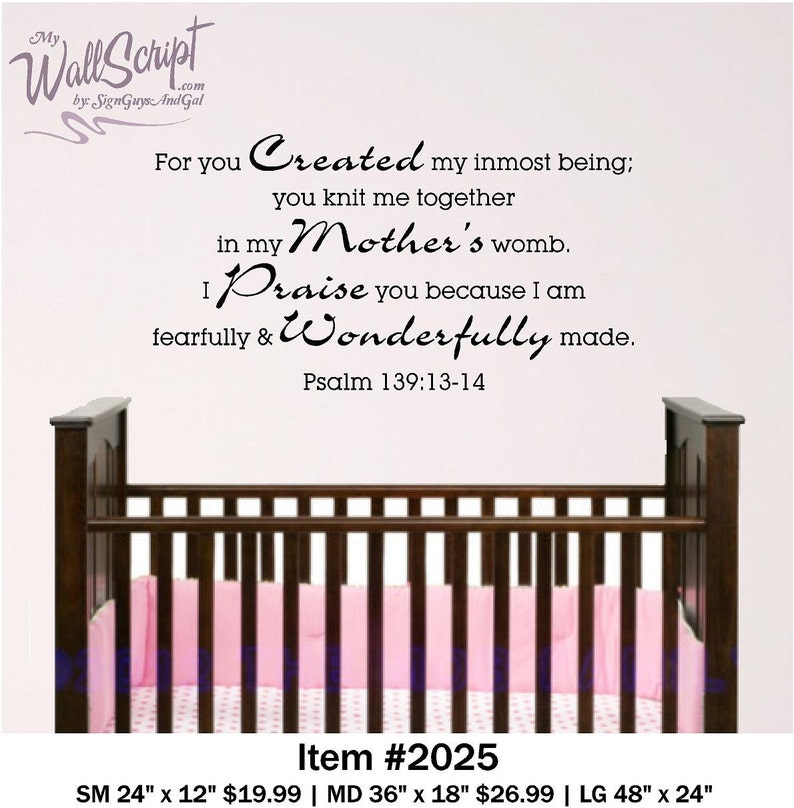 Nursery Bible Verse Wall Decal, Psalm 139:13-14, Baby or Child Room Wall Graphic, Sunday School Wall Art image 1
