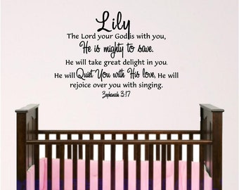 Mighty To Save Girl Nursery wall decal, Zephaniah 3:17 removable vinyl wall sticker