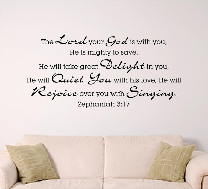 Bible Verse Wall Art, Zephaniah 3:17 , Mighty to Save, Childrens Room Wall Graphic, Home Decor image 1