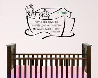 nursery bible verse wall art, noah ark with custom child's name, I prayed for this child, Sunday school wall decor