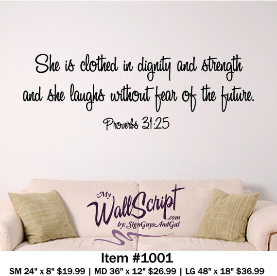 Nursery Bible Verse Wall Art, She is clothed in dignity and strength Proverbs 31:25, vinyl wall decal