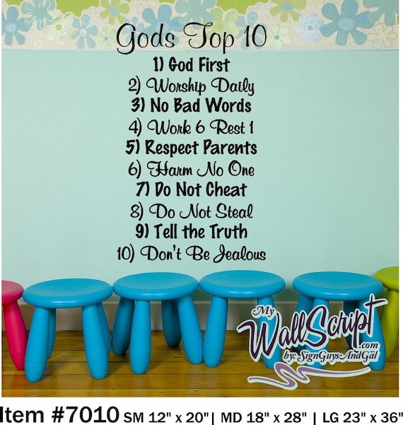 Wall decal for child room, sunday school room decal, Gods Top 10, Ten Commandments for Kids