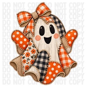 May include: A ghost-shaped decorative cutout featuring a patchwork design of orange and white polka dots, orange and white gingham, black and white buffalo check, and orange floral patterns. A large orange and white gingham bow sits on top.