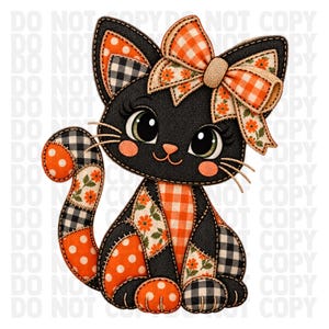 May include: A black cat illustration featuring a patchwork design with orange, white, and black patterns including gingham, polka dots, and floral prints. The cat wears a large matching bow on its head and has large eyes with long eyelashes.