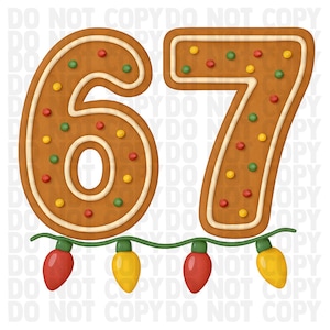 May include: A festive gingerbread cookie design featuring the numbers 67. The numbers are decorated with colourful candies and white icing. A string of red and yellow Christmas lights is attached below the numbers.