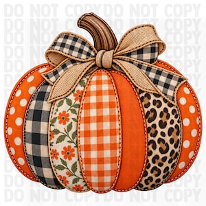 May include: A decorative pumpkin illustration featuring vertical segments with diverse patterns including orange polka dots, black and white buffalo check, orange floral print, orange gingham, solid orange, and a brown leopard print, topped with a bow.