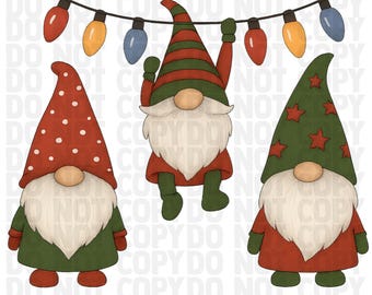 Trío de gnomos navideños PNG / Gnomo con luces colgantes Clipart / Lindos gnomos navideños / Gnomo navideño rojo y verde Descarga digital / PNG festivo