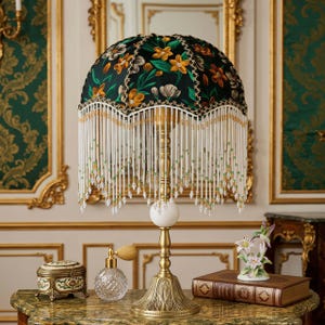 Vintage Floral Table Lamp | Copper Base, Beaded Fringe, Dark Academia Decor