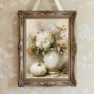 Stilleven met witte pompoen en hortensia, vintage boerderijschilderij (digitale download)