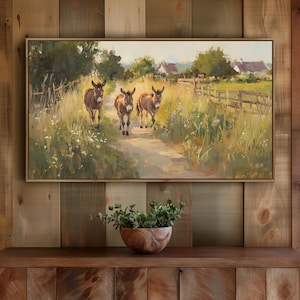 Rustic Donkey Scene Farmhouse TV Art, Pastoral Landscape Painting (Digital Download)