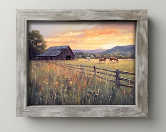 Puede incluir: Impresión artística enmarcada que representa un paisaje rural con un granero, caballos y una valla de madera. La obra de arte muestra una puesta de sol con tonos cálidos de naranja y amarillo. El marco es de color gris desgastado.