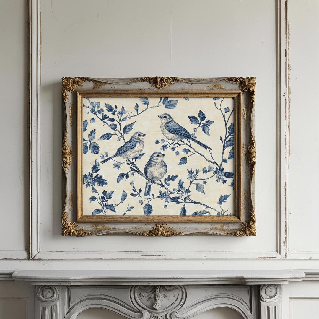 Vintage French Toile Birds Print – Cottagecore Botanical Art (digital ...