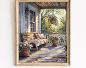 Rustic Cottage Porch Art Printable - Cozy Bench with Blanket, Cottagecore Style, Warm Inviting Sunlit Scene, Vintage Wall Art Download